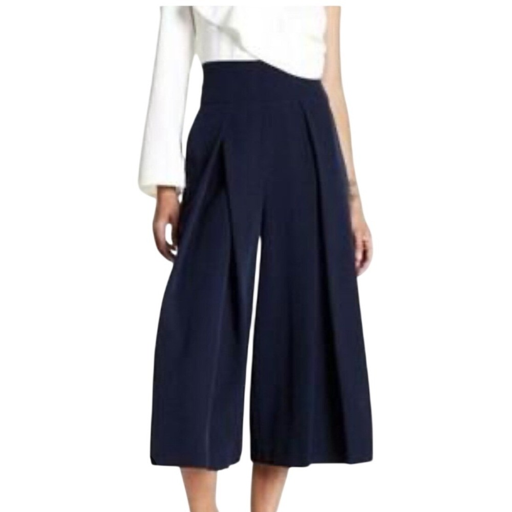 Milly Italian Cady Navy Blue Pleated Wide Leg Culotte Pants High Rise Side Zip 4